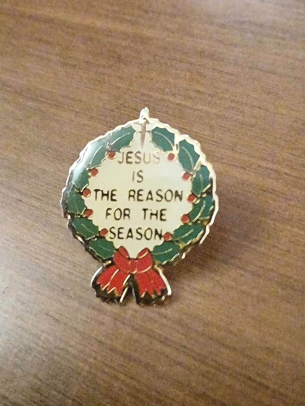 Vintage Christmas Jesus Is The Reason Brooch in Green & Red 1"